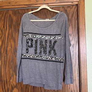 VS Pink long sleeved T-shirt in grey and leopard size large